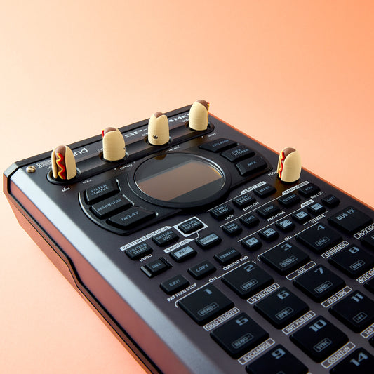 Hot Dog Knob Cap — custom hot dog Munchies knob caps installed on Roland SP-404MKII Sampler top view