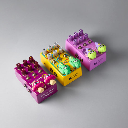 LURK Artist Series toppers installed on Chase Bliss guitar effects pedals, screw-fit 10mm footswitch toppers by Mr.MojoFx
