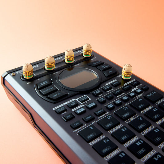 Burger Knob Cap — custom burger can Munchies knob caps installed on Roland SP-404MKII Sampler top view