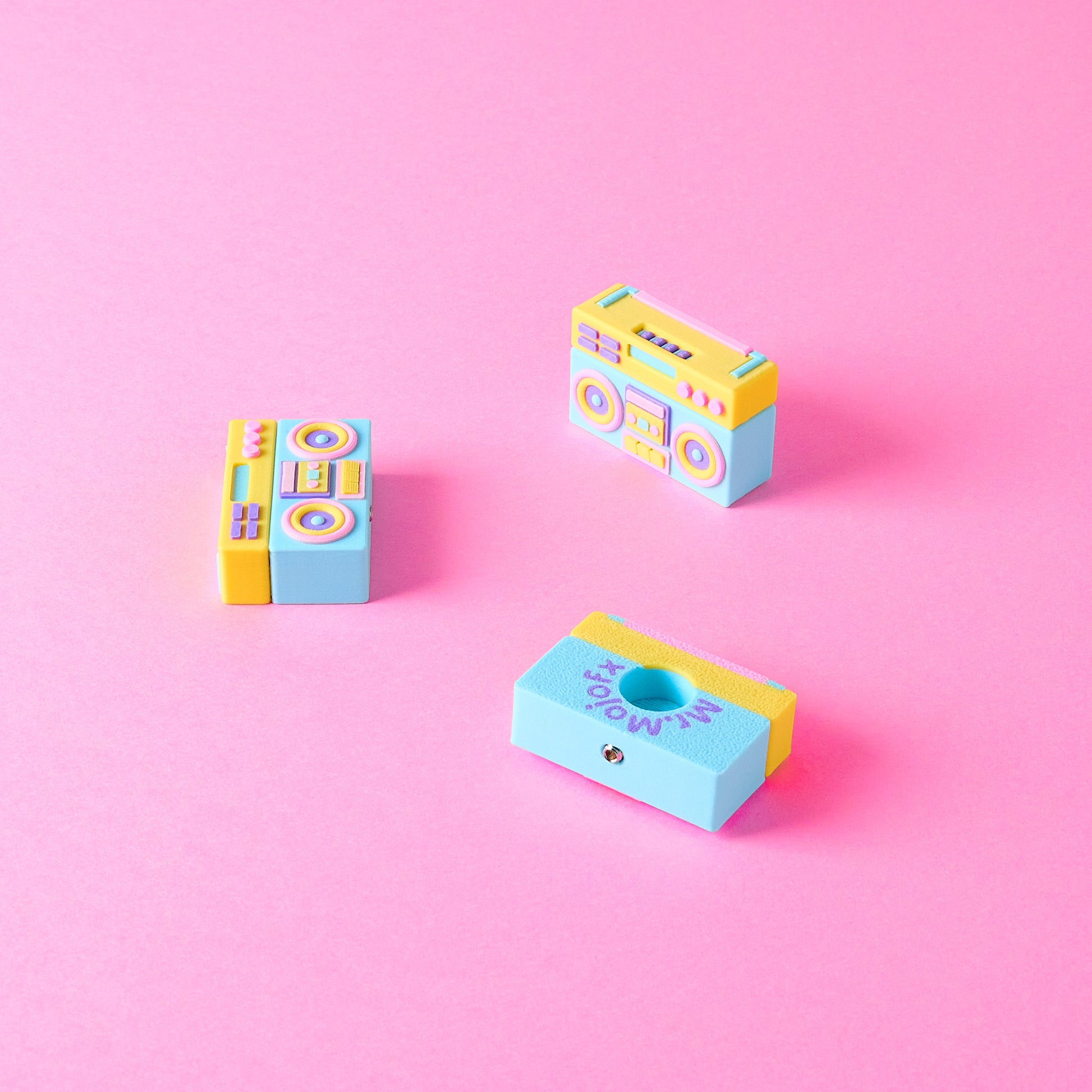 Boombox Topper hand finished guitar pedal switch topper from multiple angles showing retro speakers controls design and screw fit mounting system