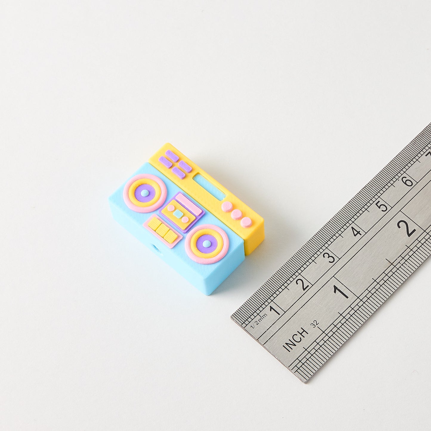 Boombox Topper size reference with ruler showing small batch small batch hand finished retro boombox guitar effects pedal footswitch accessory