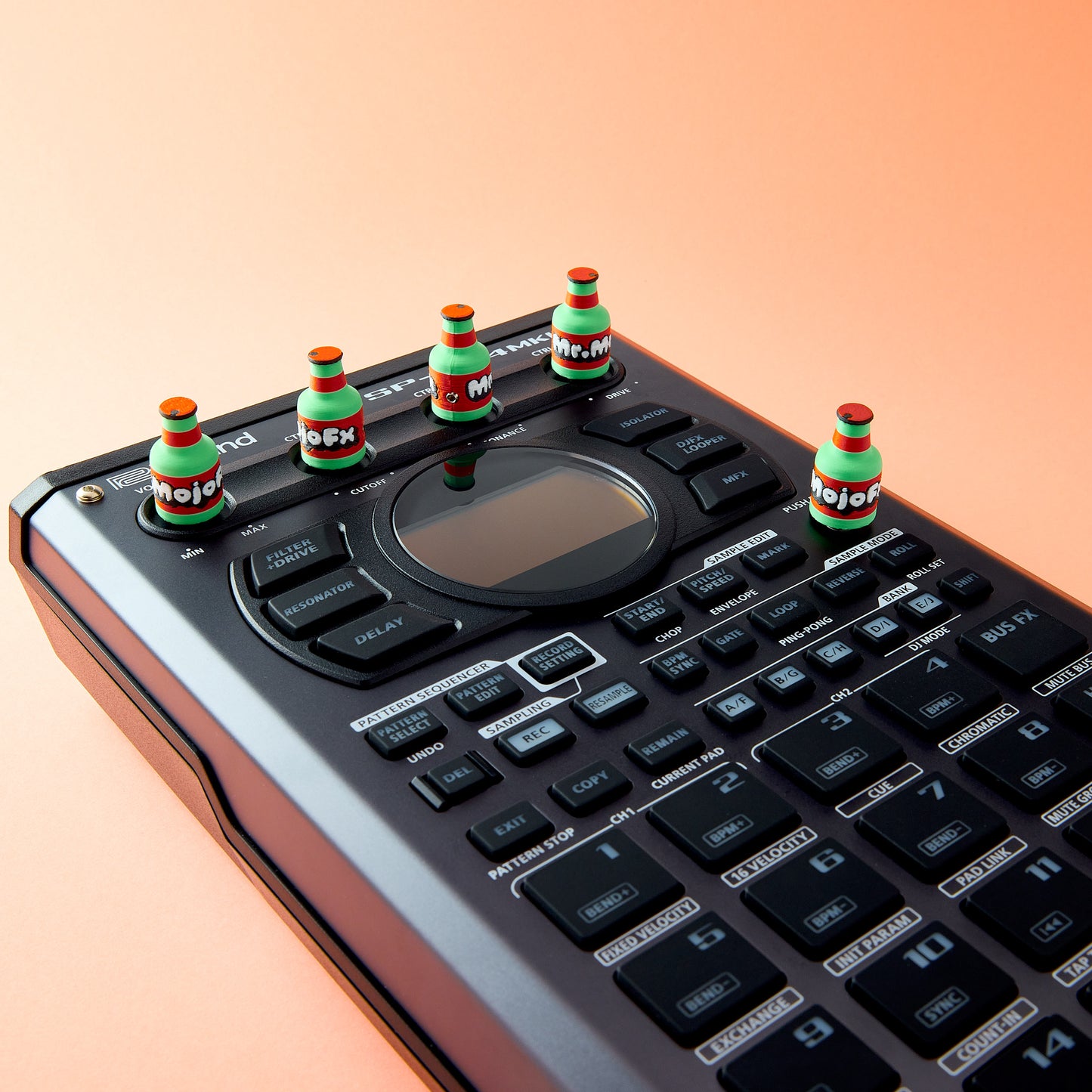 Bottle Knob Cap — custom bottle Munchies knob caps installed on Roland SP-404MKII Sampler top view
