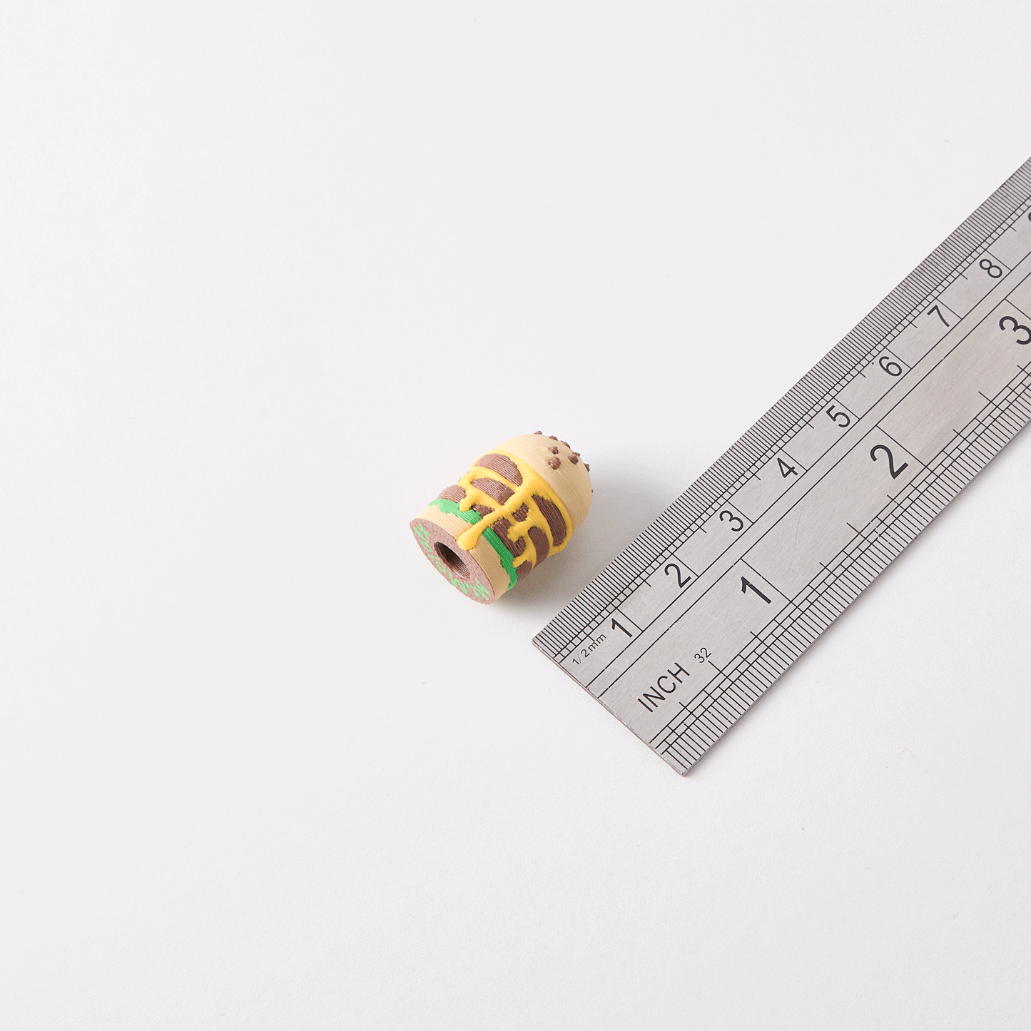 Burger Knob Cap — ruler size reference showing Munchies custom burger DJ knob cap dimensions