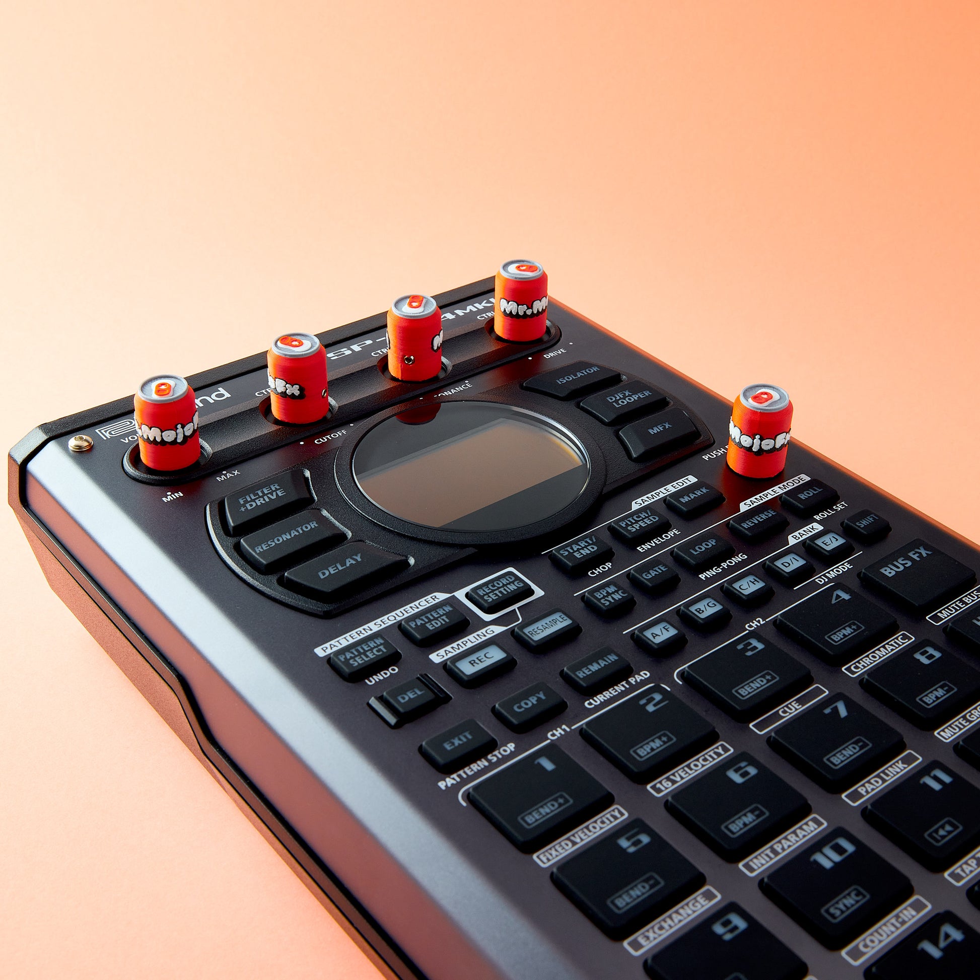 Can Knob Cap — custom soda can Munchies knob caps installed on Roland SP-404MKII Sampler top view