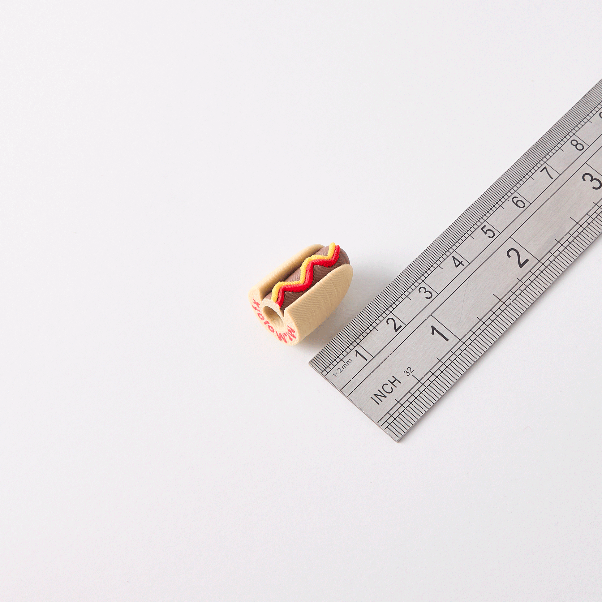 Hot Dog Knob Cap — ruler size reference showing Munchies custom hot dog DJ knob cap dimensions