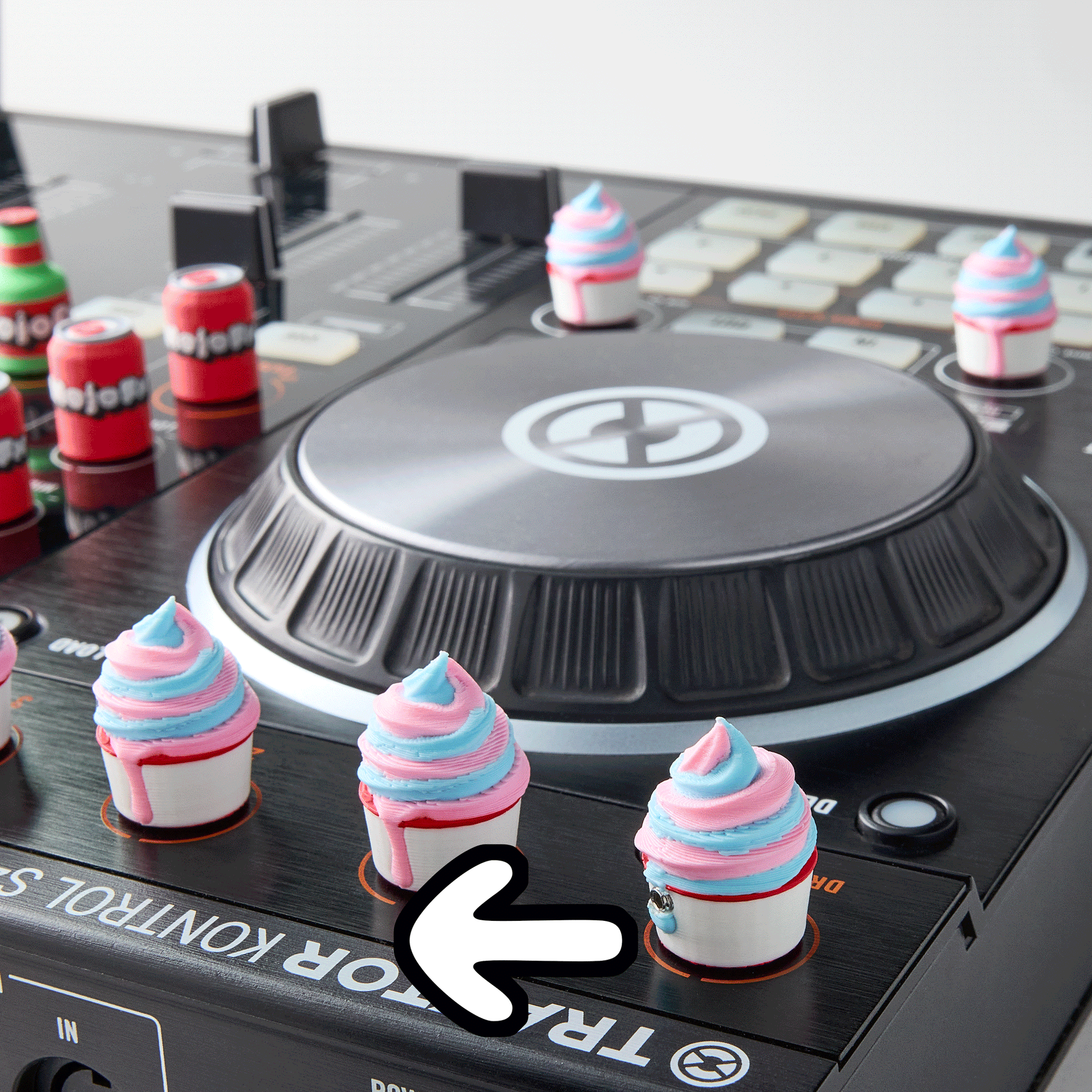 Ice Cream Knob Cap — twist and turning pointer animation of custom Ice Cream cup Munchies knob cap on a Traktor Kontrol S4 DJ controller