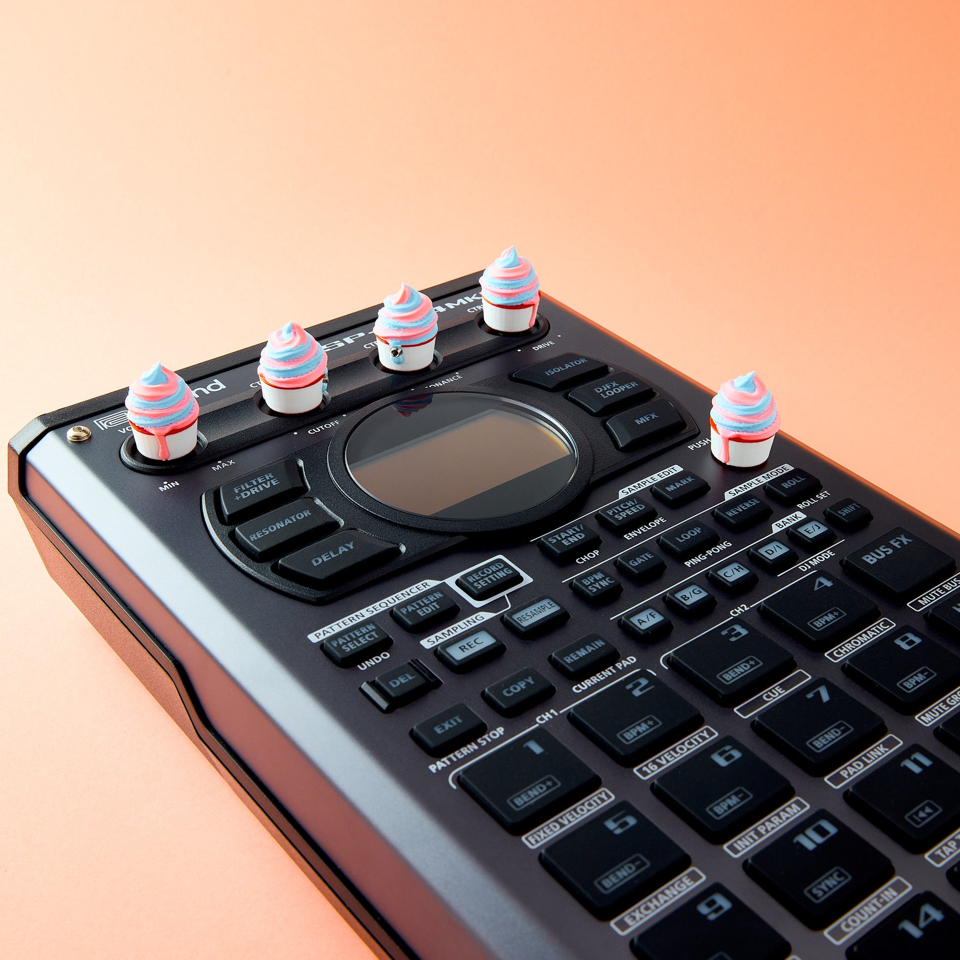 Ice Cream Knob Cap — custom ice cream cup Munchies knob caps installed on Roland SP-404MKII Sampler top view