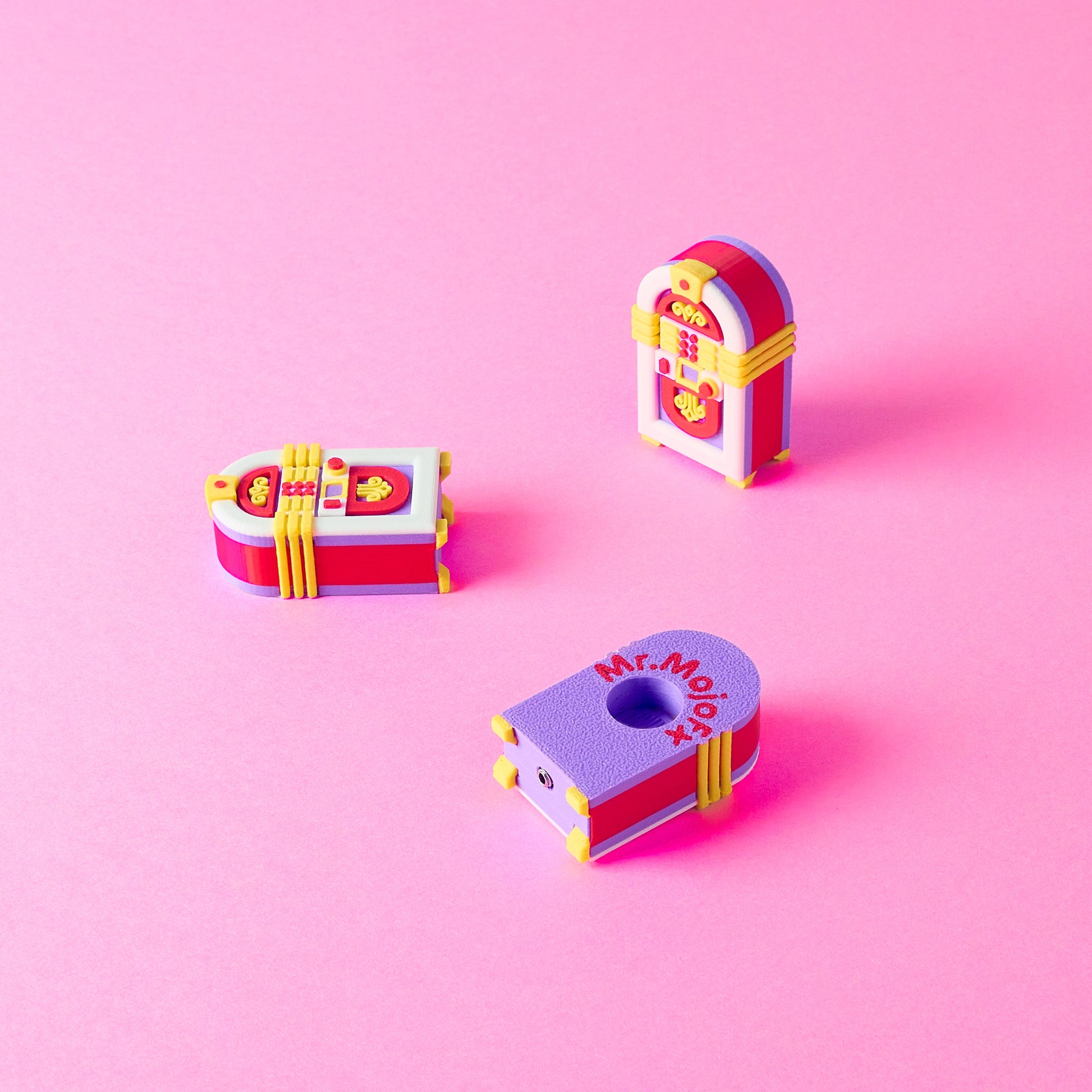 Jukebox Topper hand finished guitar pedal switch topper from multiple angles showing retro jukebox arch design and screw fit mounting system