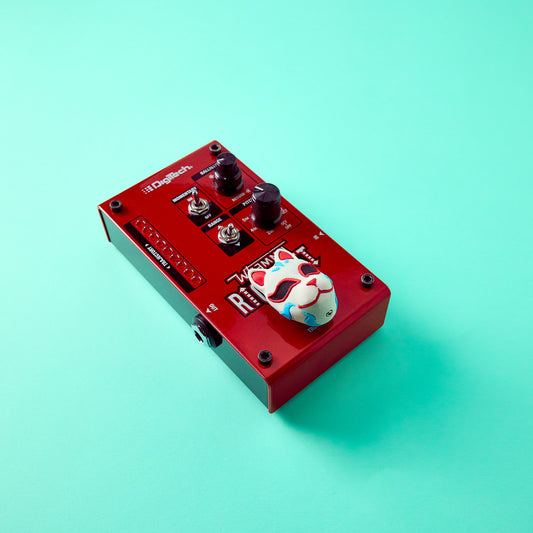 Kitsune Topper — Japanese fox mask topper installed on red Digitech Whammy Ricochet effects pedal top angle view for guitar and bass