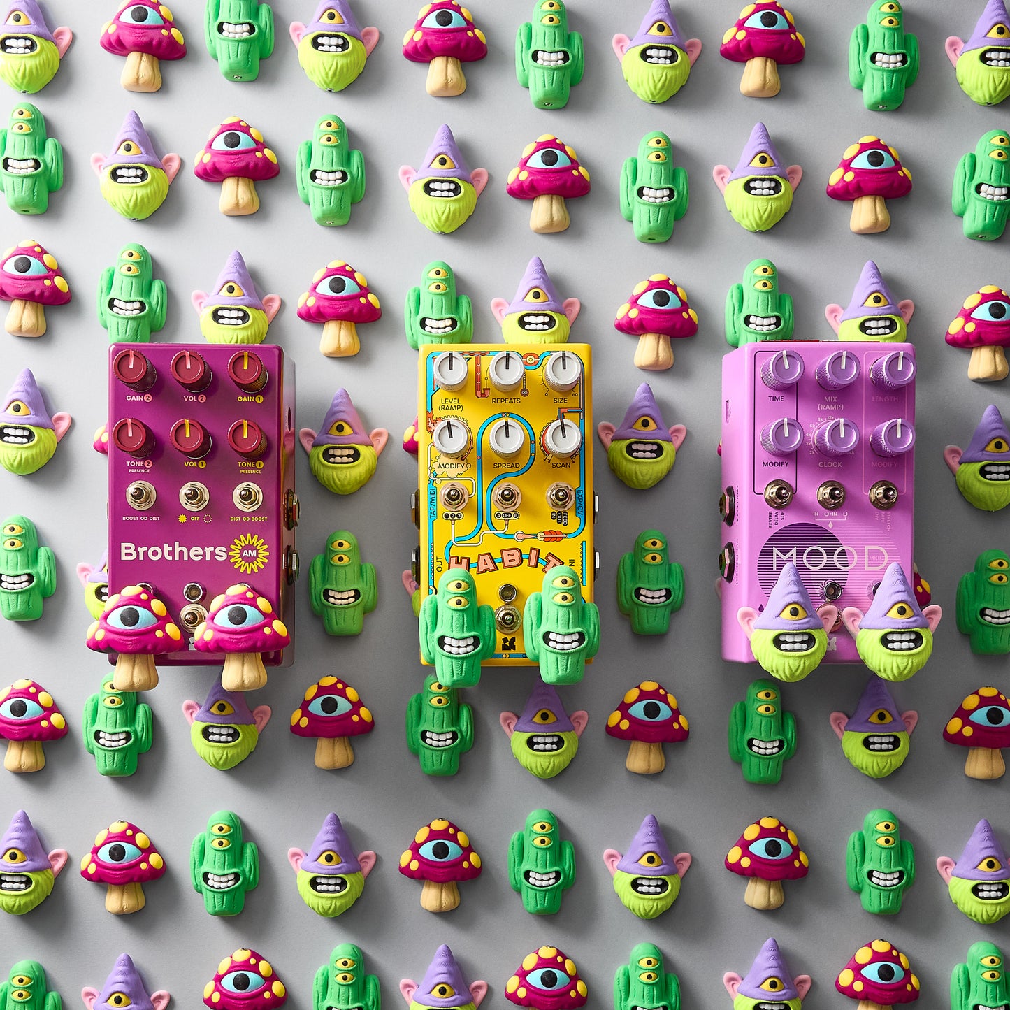 LURK Artist Series guitar pedal switch toppers flat lay fit on Chase Bliss Brothers AM, Habit and MOOD II Pedals — all three characters arranged in grid, Mr.MojoFx