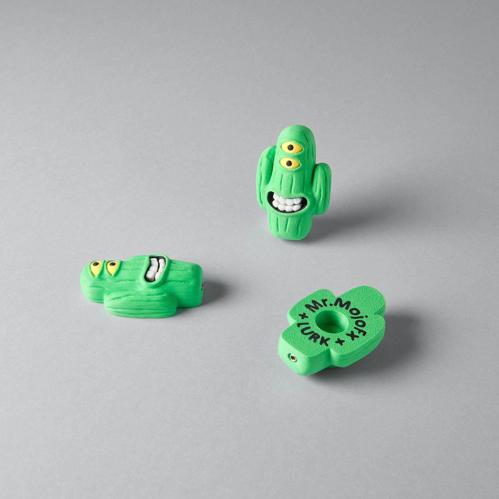 LURK cactus character guitar pedal switch topper — front, side and bottom views showing screw-fit socket, Mr.MojoFx Artist Series
