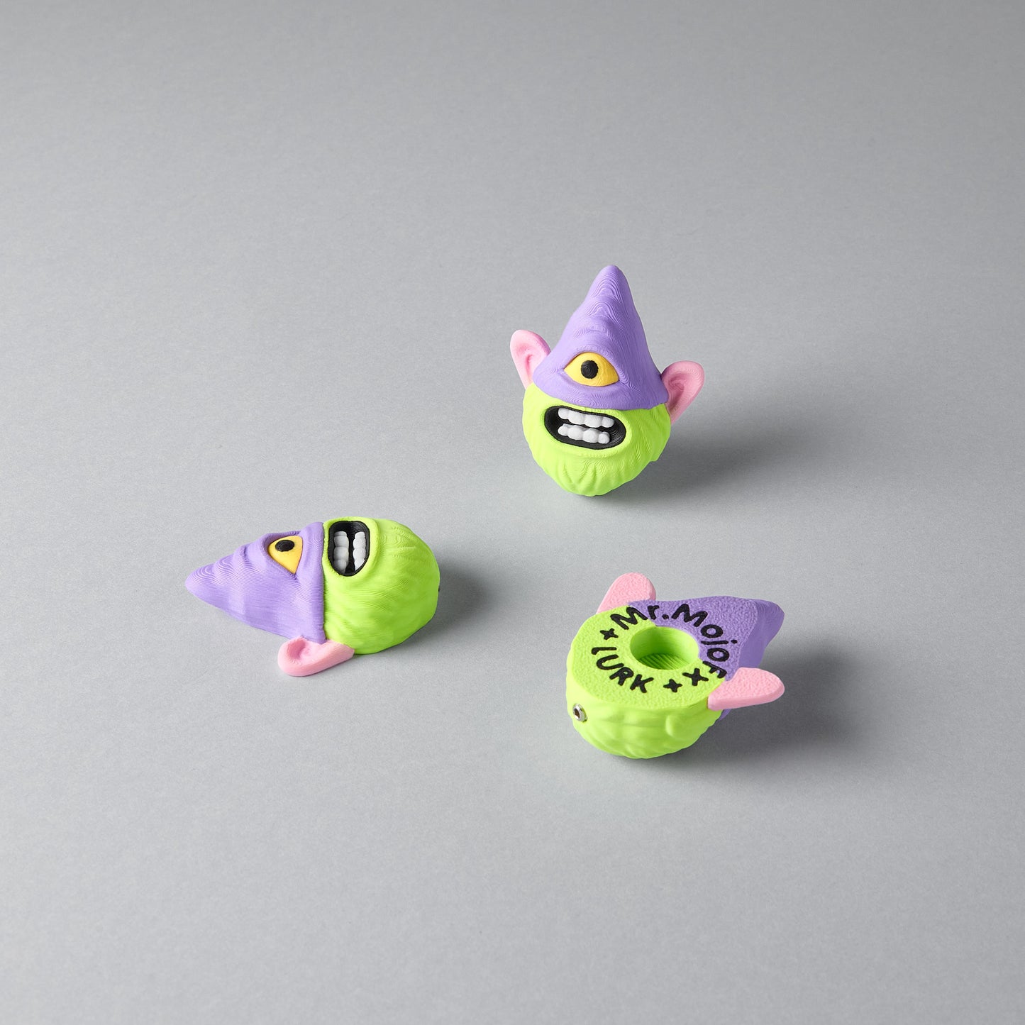 LURK gnome character guitar pedal switch topper — front, side and bottom views showing screw-fit socket, Mr.MojoFx Artist Series