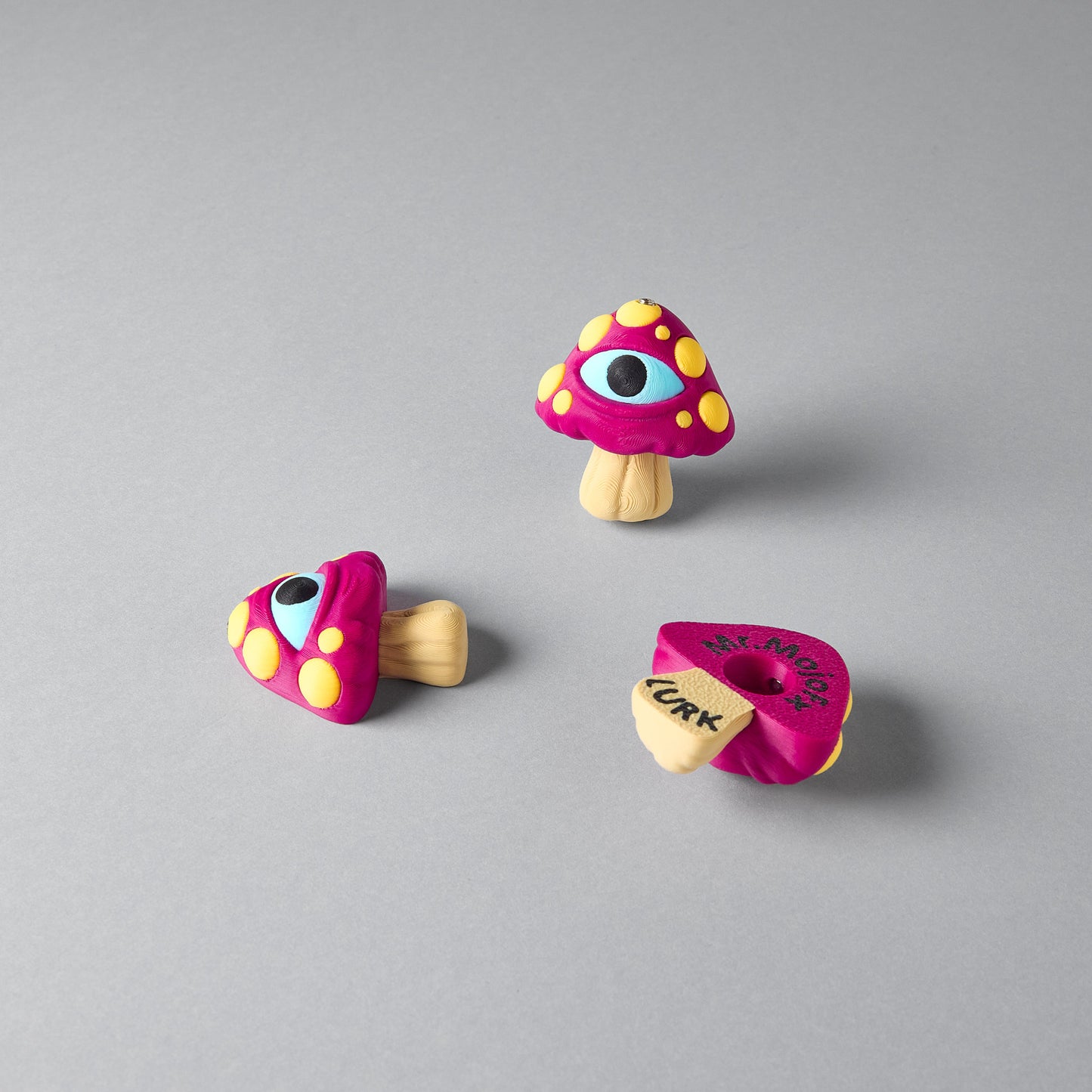 LURK mushroom guitar pedal switch topper — front, side and bottom views showing screw-fit socket, Mr.MojoFx Artist Series