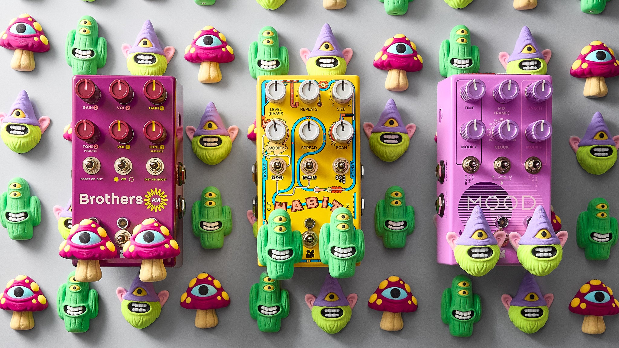 Mr.MojoFx hand-finished guitar pedal switch toppers — character designs made in Barcelona