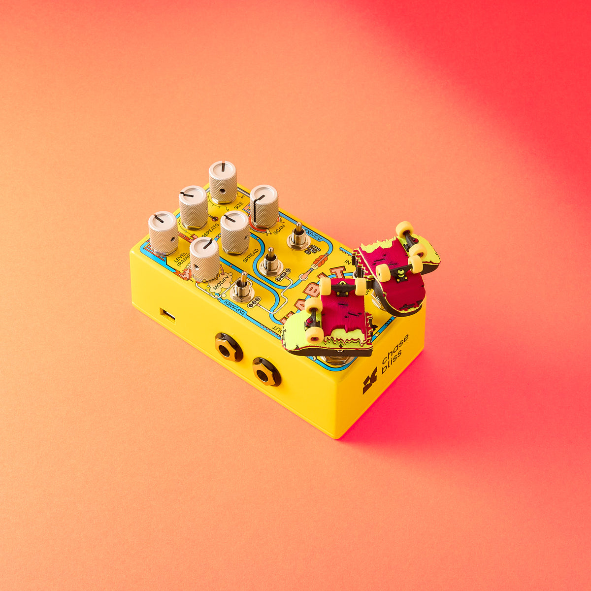 Mr. MojoFX Dogtown Skateboard Deck switch topper installed on a yellow Chase Bliss Habit guitar effects pedal – Dogtown Collection by Mr. MojoFX