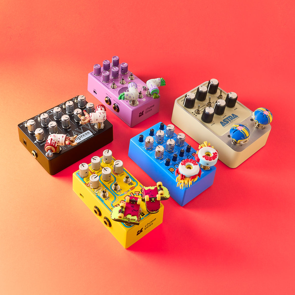 Mr.MojoFX Dogtown switch toppers installed on five different guitar effects pedals- Empress effects Heavy & ParaEq deluxe II, Chase Bliss Habit & MOOD II and Universal Audio Astra with full Dogtown collection by Mr. MojoFX Barcelona