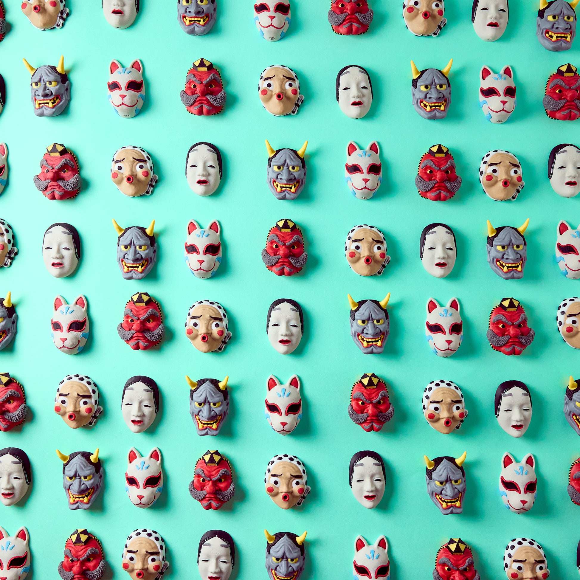 Mr.MojoFx Masks collection — all five Japanese mask pedal switch toppers flat lay Hannya Tengu Kitsune Koomote Hyottoko