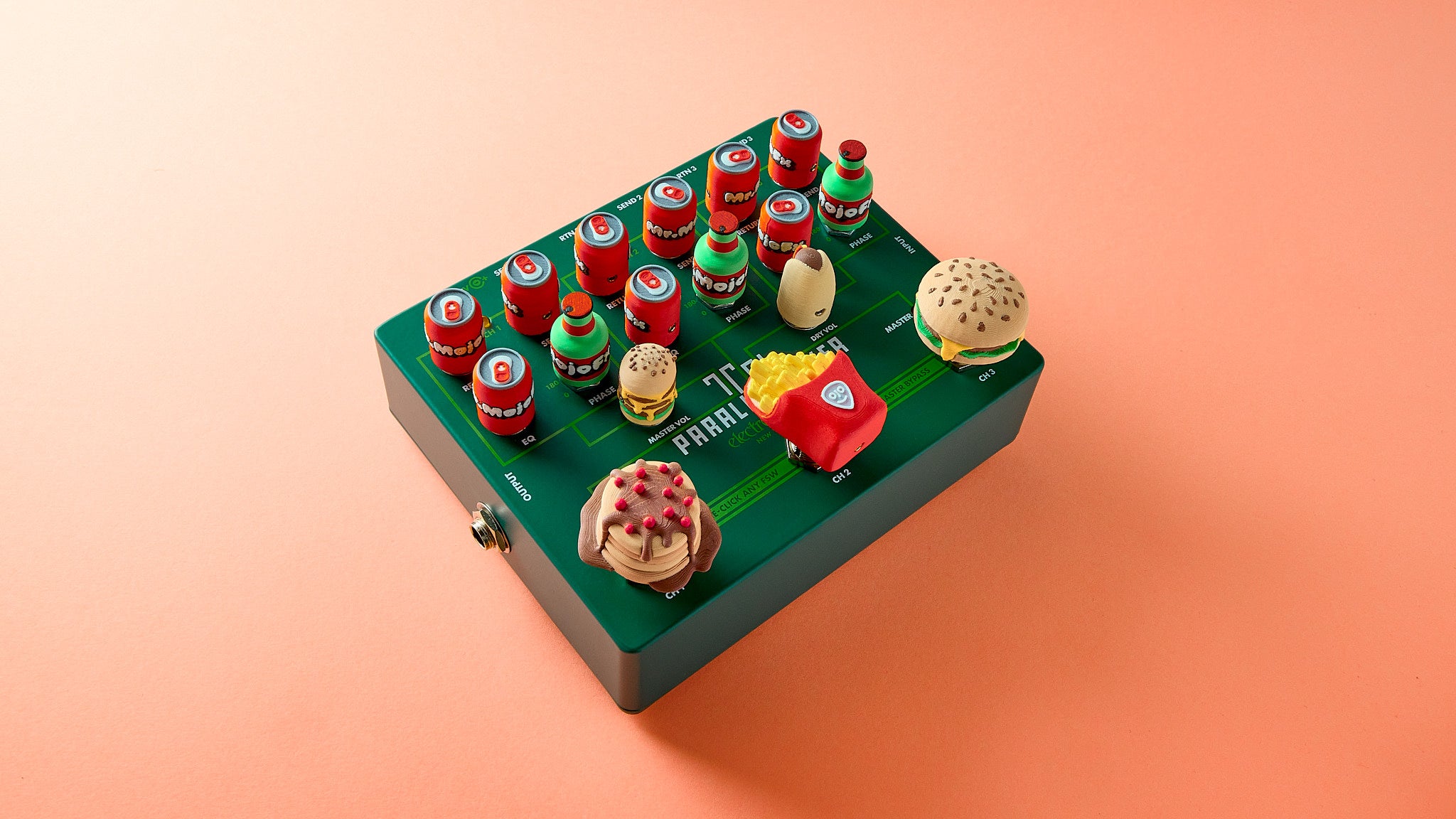 Mr.MojoFx Munchies Knob Caps — full collection of custom food-themed knob caps installed on Electro Harmonix and Tri Parallel Mixer effects pedals, also using Pancake, Fries and Burger Munchies Toppers