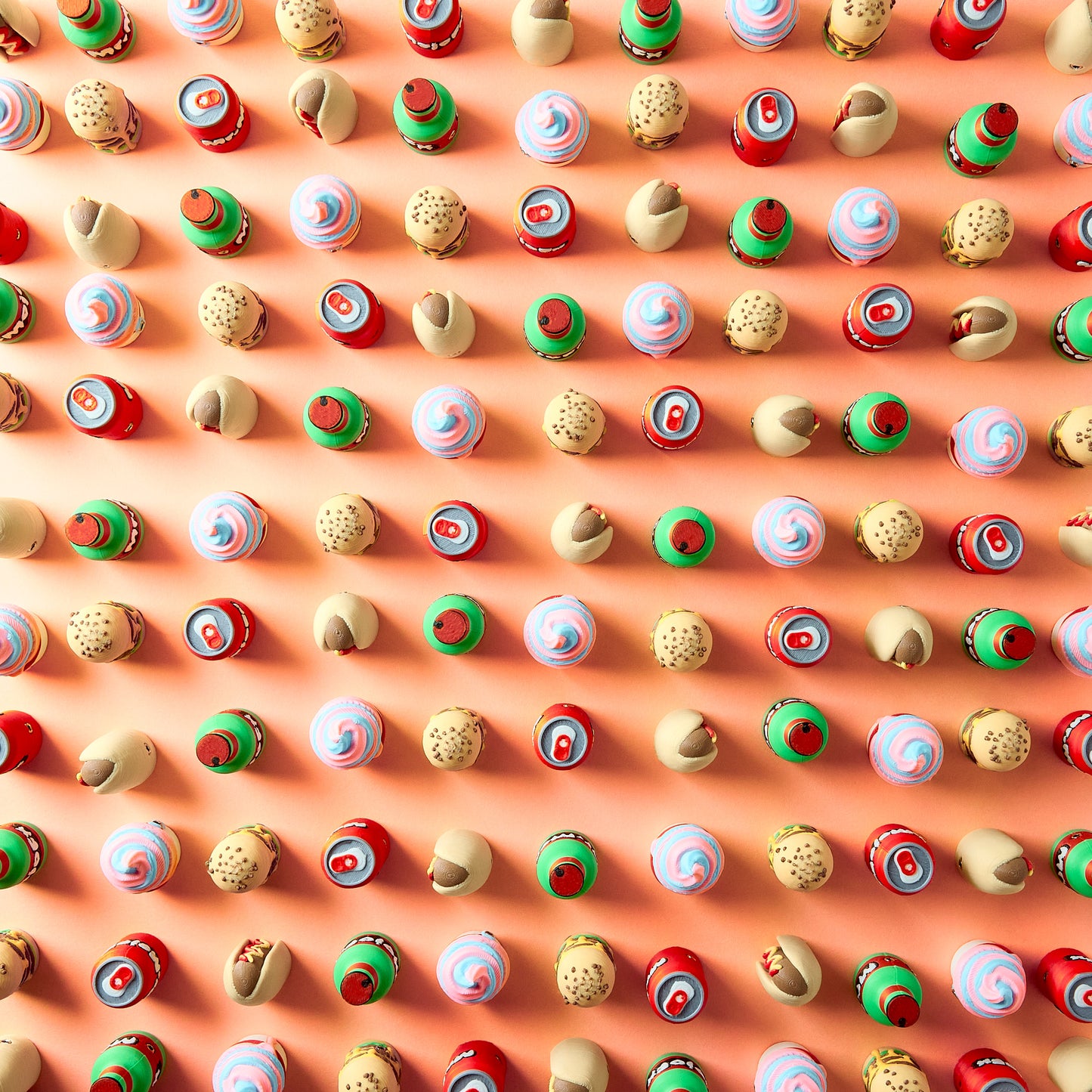 Mr.MojoFx Munchies Knob Caps collection — all five food-themed custom DJ knob caps flat lay on orange
background