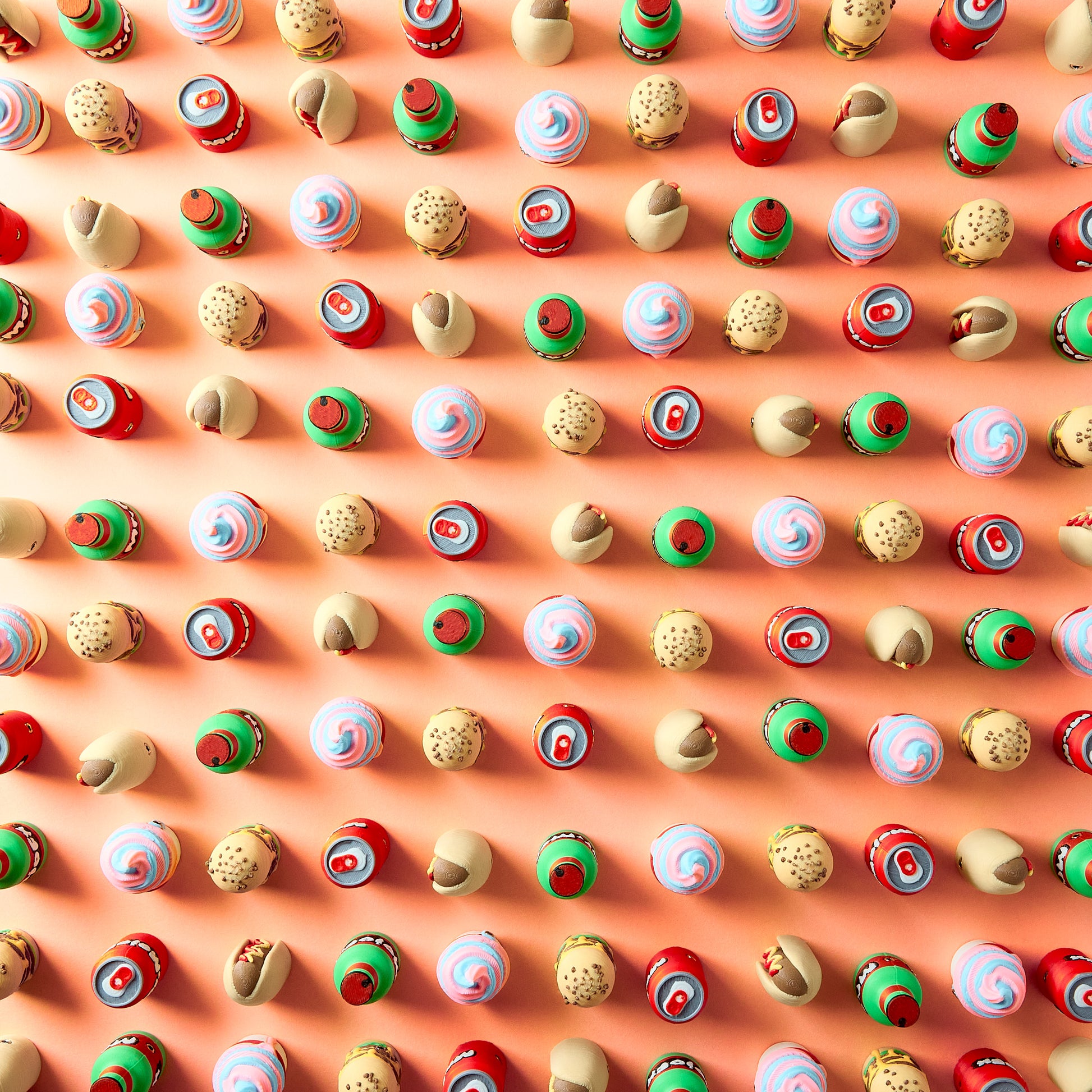 Mr.MojoFx Munchies Knob Caps collection — all five food-themed custom DJ knob caps flat lay on orange
background