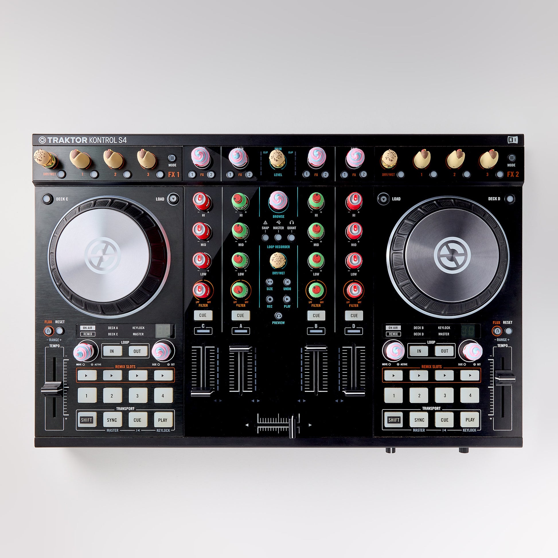 Mr.MojoFx Munchies Knob Caps — custom food-themed knob caps installed on Traktor DJ controller S4