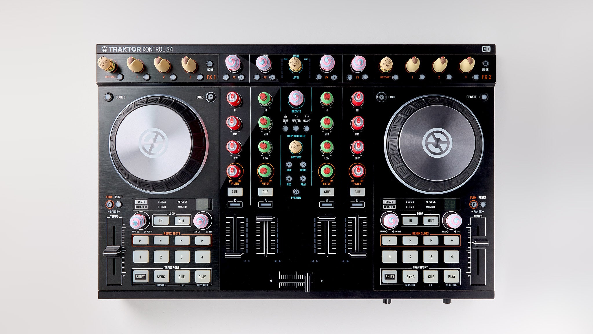 Mr.MojoFx Munchies Knob Caps — custom food-themed knob caps installed on Traktor DJ controller S4